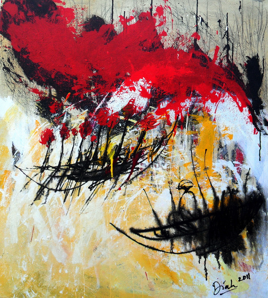 Diah Yulianti, Red Sky, mixed media, 39"x35", 2011