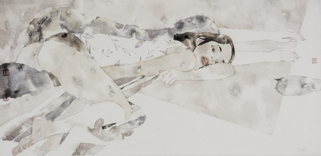 Xiaofei Yue, Red Lips, Chinese paint on rice paper, 18"x36", 2016  [SOLD]