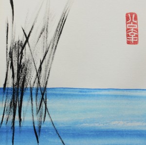 Caroline Mars, Morning on the River, chinese ink and watercolor on Xuan paper, 12"x12", 2016