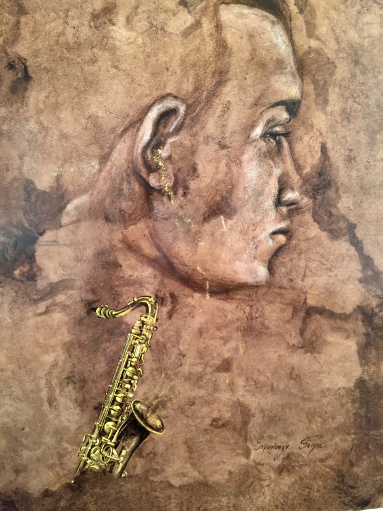 Esperanza Gama, Music Series, Jazz, pigment and gold leaf on bark paper, 23"x15"